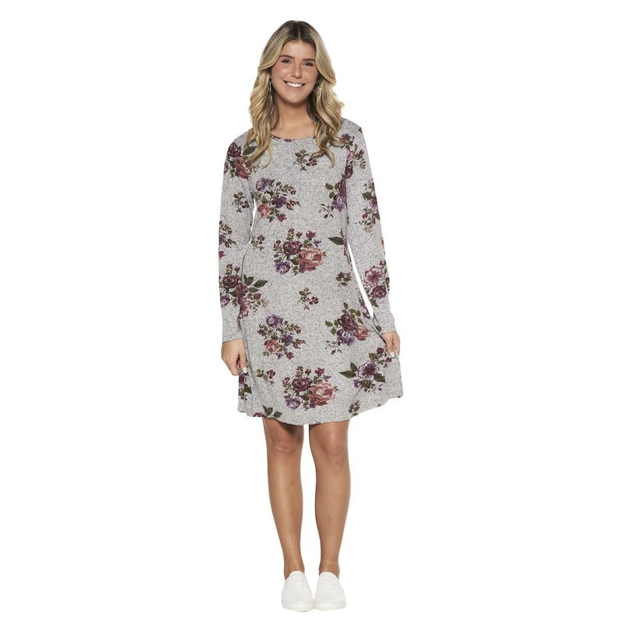 Clothing * | Buy Clothing Petite Architect Long Sleeve Floral Hacci A Line Dress Medium-Grey