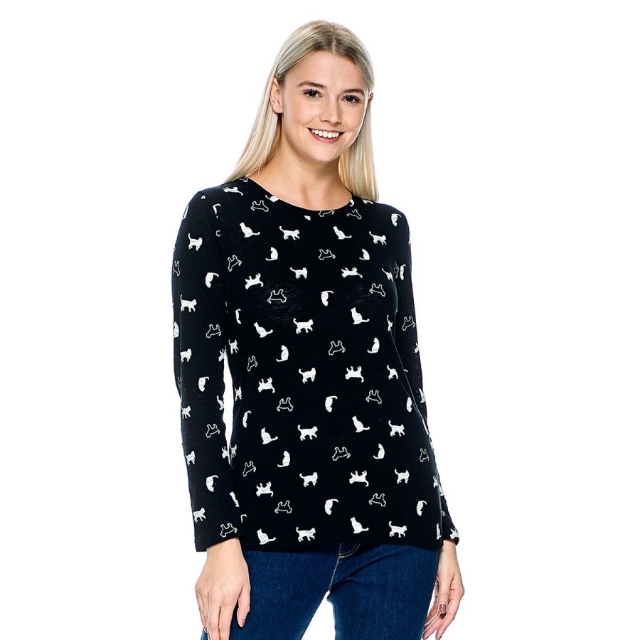 Clothing * | Coupon Tops Plus Size Architect Long Sleeve Cat Crew Neck Top Black Black/Multi