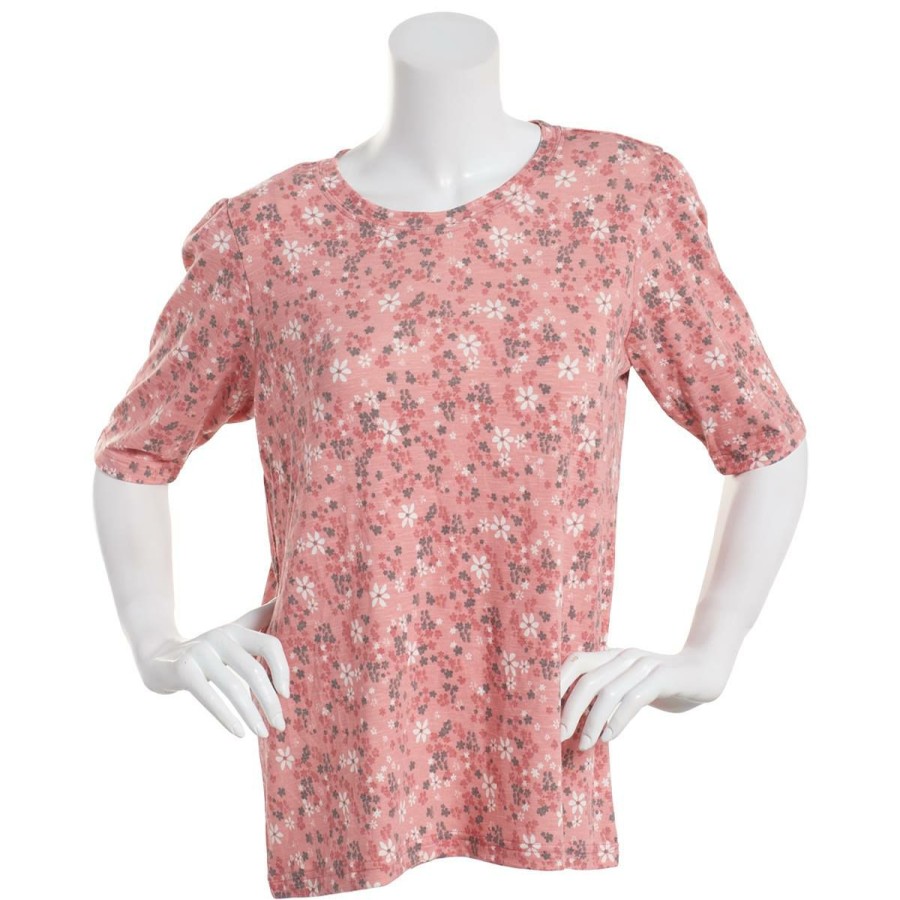 Clothing * | Wholesale Tops Plus Size Architect Mini Floral Print Elbow Puff Sleeve Top