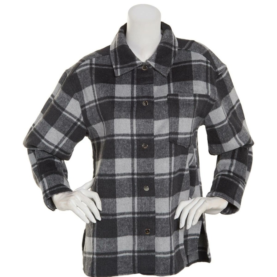 Clothing * | Best Sale Tops Plus Size Architect Long Sleeve Plaid Shacket Black/Grey