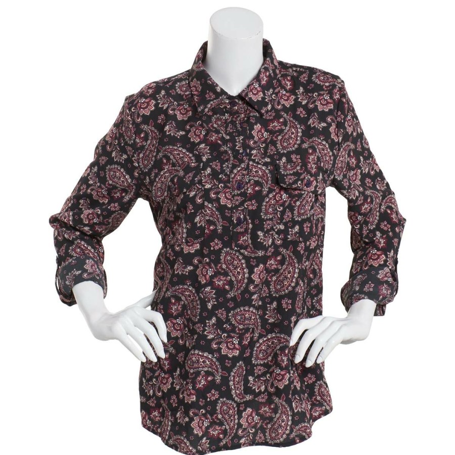 Clothing * | Promo Tops Womens Architect Long Sleeve Roll Tab Paisley Popover Top Black-Multi