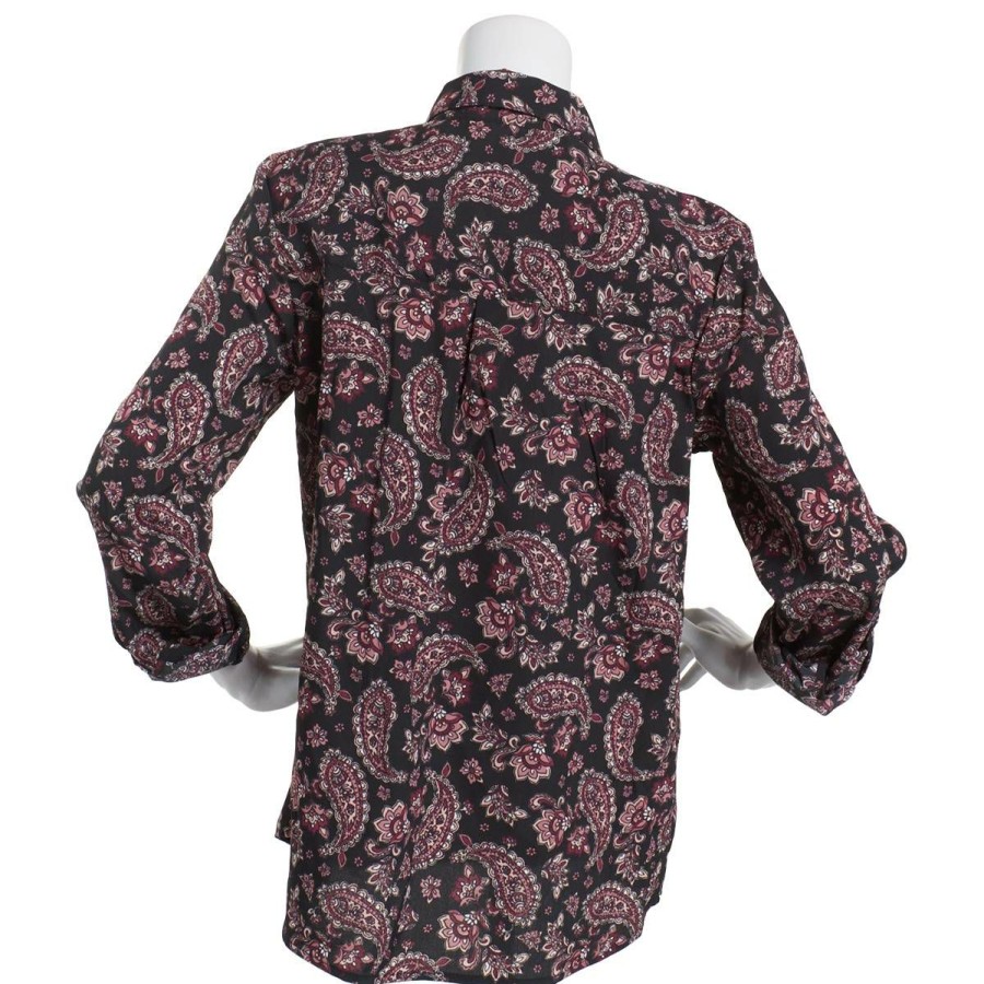 Clothing * | Promo Tops Womens Architect Long Sleeve Roll Tab Paisley Popover Top Black-Multi