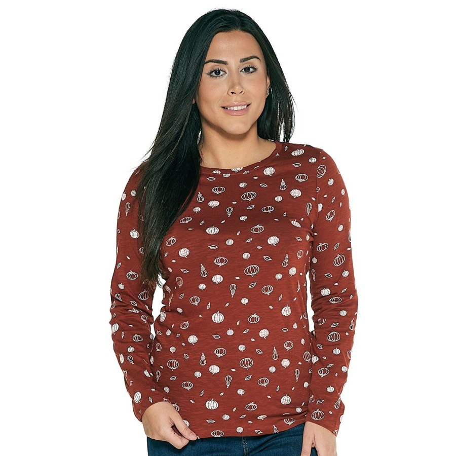 Clothing * | Deals Tops Womens Architect Long Sleeve Pumpkin Crew Neck Top Burnt-Henna/Multi