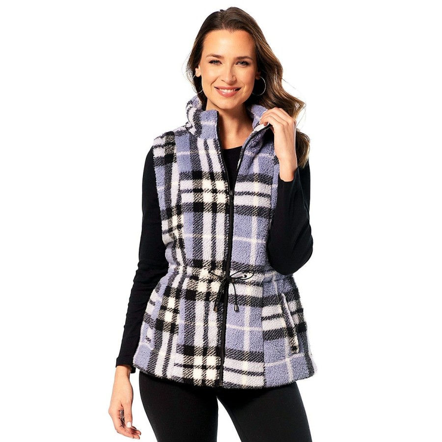 Clothing * | Buy Tops Womens Architect Zip Up Mock Neck Plaid Teddy Vest-Infinity Infinity/Multi