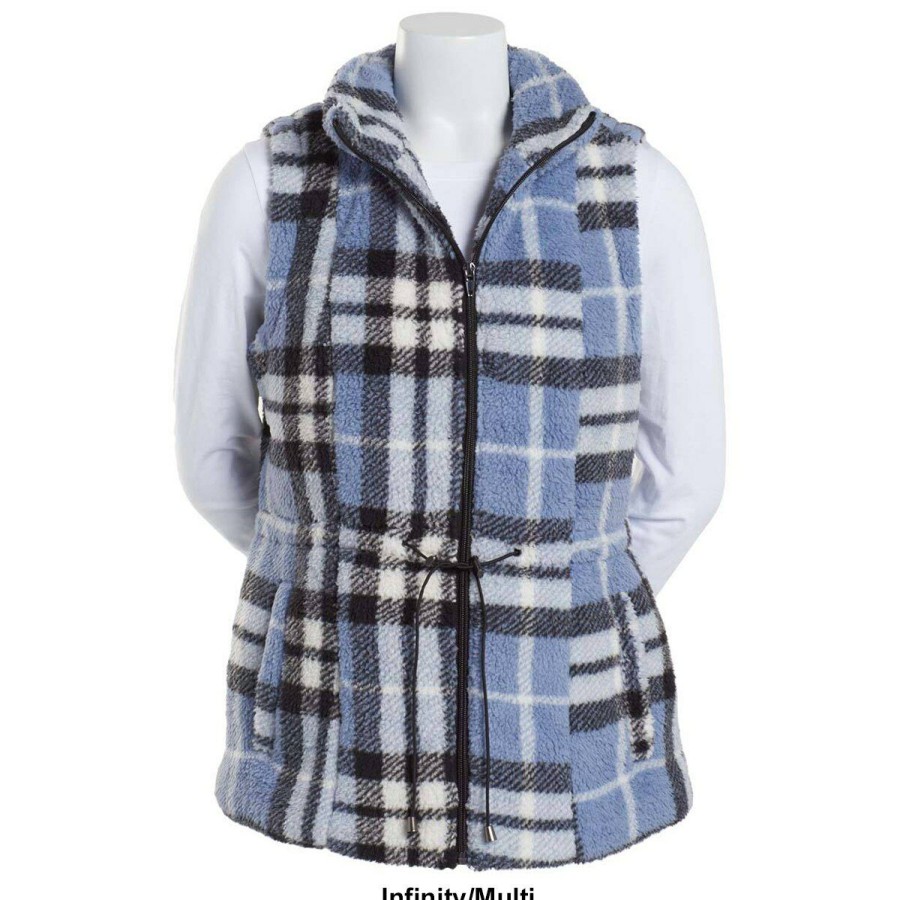 Clothing * | Buy Tops Womens Architect Zip Up Mock Neck Plaid Teddy Vest-Infinity Infinity/Multi