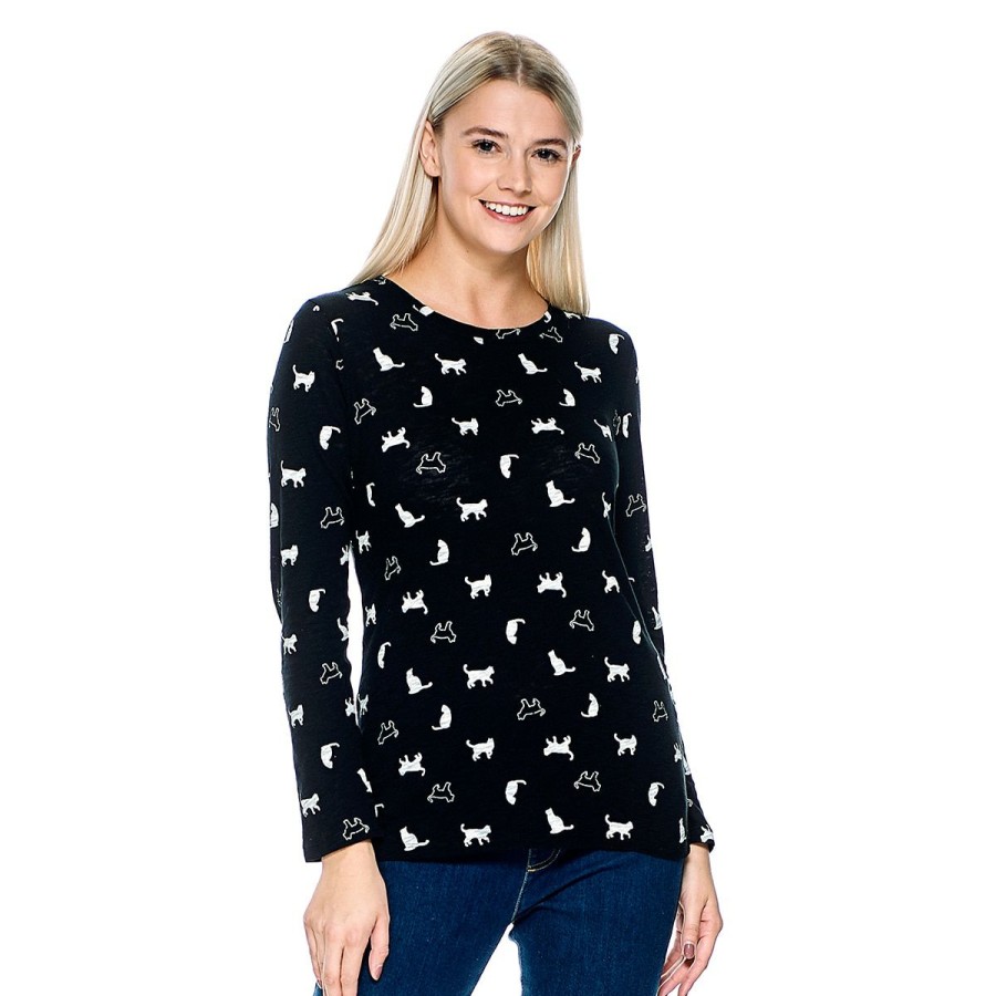 Clothing * | Promo Tops Petite Architect Long Sleeve Cat Printed Crew Neck Tee