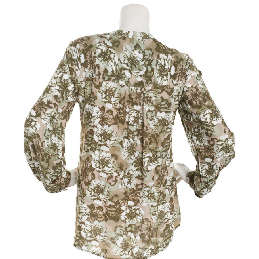 Clothing * | Hot Sale Tops Womens Architect Long Sleeve Floral Popover Gauze Blouse Olive-Night