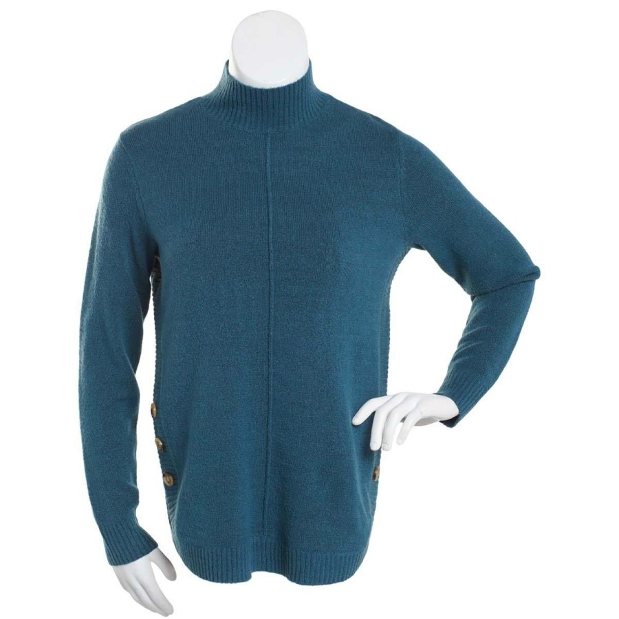 Clothing * | New Sweaters & Cardigans Petite Architect Long Sleeve Side Button Mock Neck Mossy Sweater