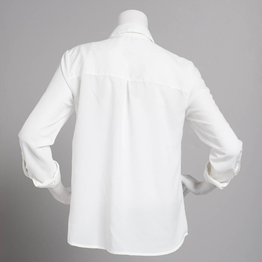 Clothing * | Best Sale Tops Womens Architect Long Roll Tab Sleeve Popover Button Front Top Solid-White