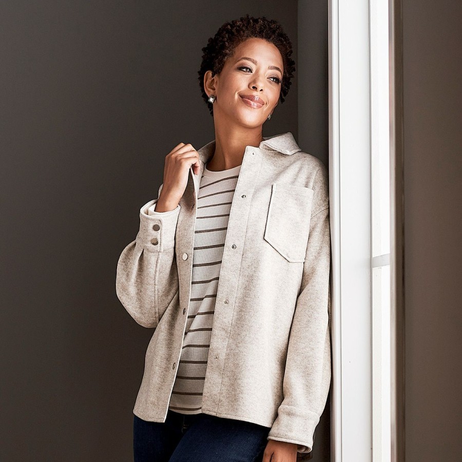 Clothing * | Flash Sale Tops Womens Architect Long Sleeve Sherpa Shacket Heather-Oatmeal