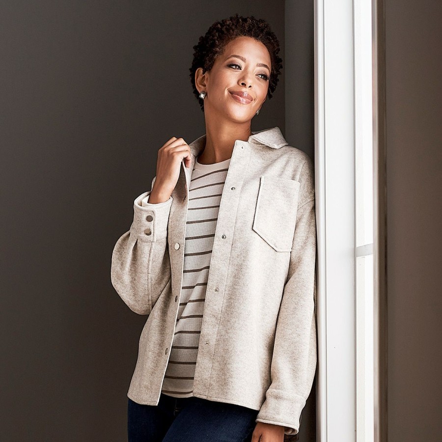 Clothing * | Deals Tops Petite Architect Long Sleeve High Low Sherpa Shacket Heather-Oatmeal