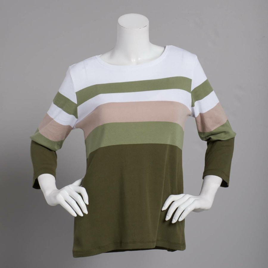 Clothing * | New Tops Petite Architect 3/4 Sleeve Boat Neck Stripe Top