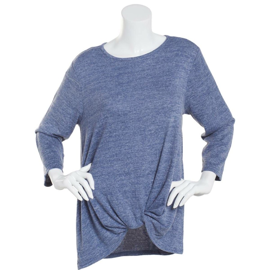 Clothing * | Deals Tops Petite Architect 3/4 Sleeve Knot Front Hacci Top-Nightshadow Blue/Light-Grey