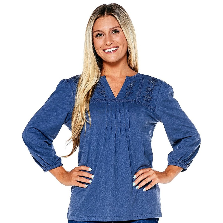 Clothing * | Budget Tops Plus Size Architect 3/4 Sleeve Embroidered Yoke V Neck Top Nightshade-Blue