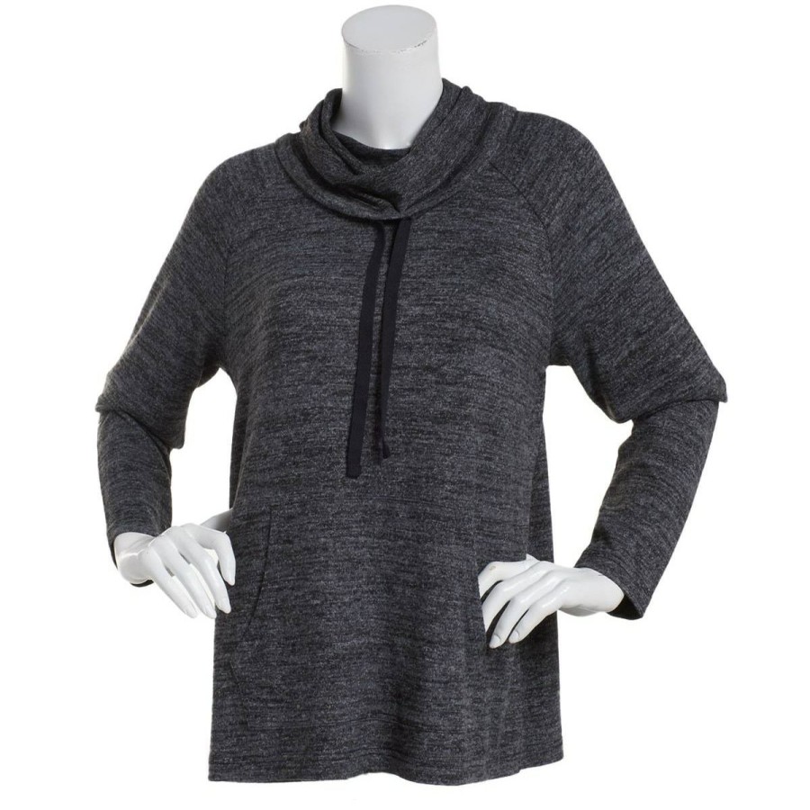 Clothing * | Wholesale Sweaters & Cardigans Petite Architect Long Sleeve Hacci Cowl Neck Top Black/Snow