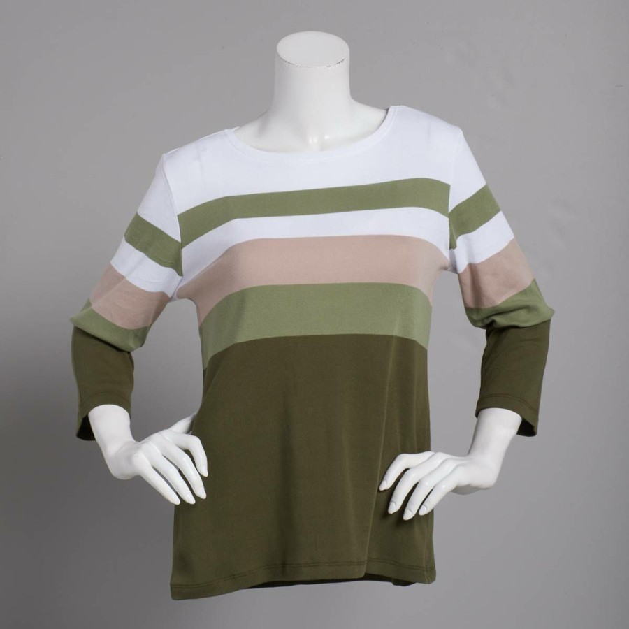 Clothing * | Wholesale Tops Plus Size Architect 3/4 Sleeve Boat Neck Placed Stripe Top